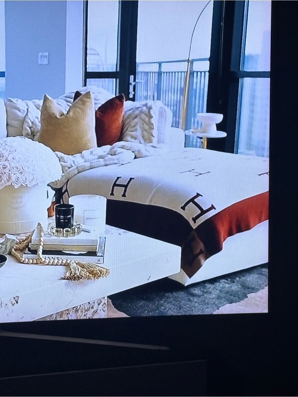 Hermes Cream Throw with Rust Border and Black H Motif
